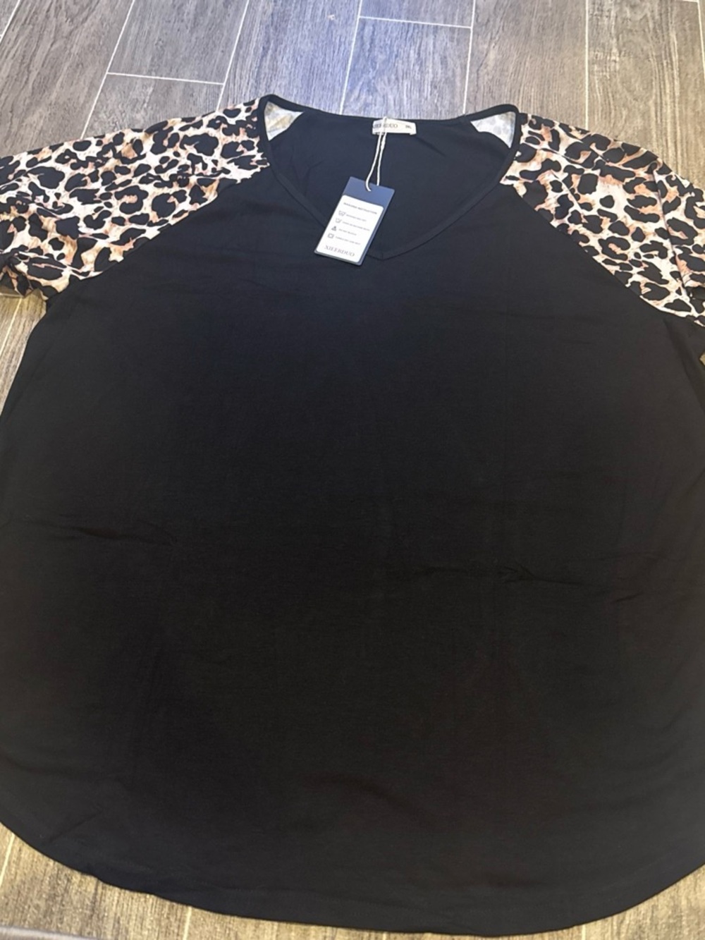 Black Raglan Short Sleeve Tee with Leopard Print Sleeves